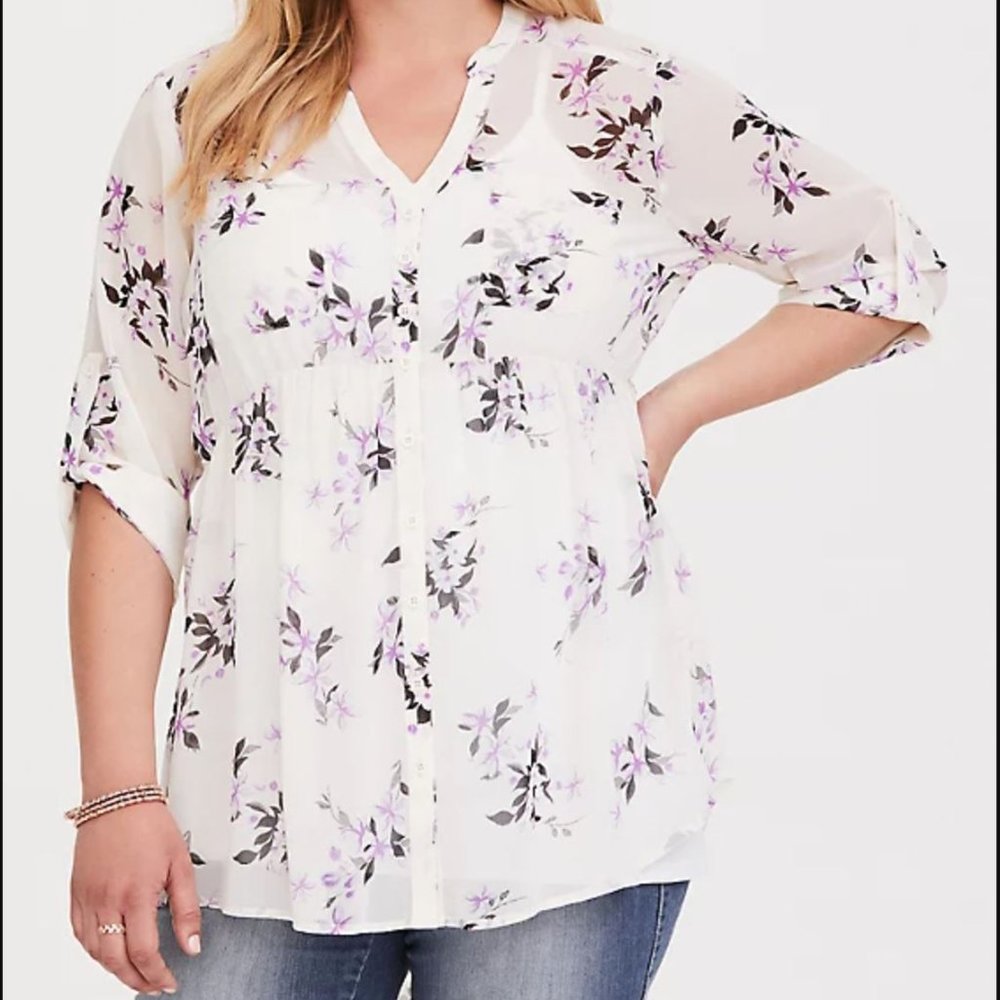 - *LIKE NEW* TORRID EMMA - WHITE FLORAL CHIFFON BABYDOLL TUNIC #1
